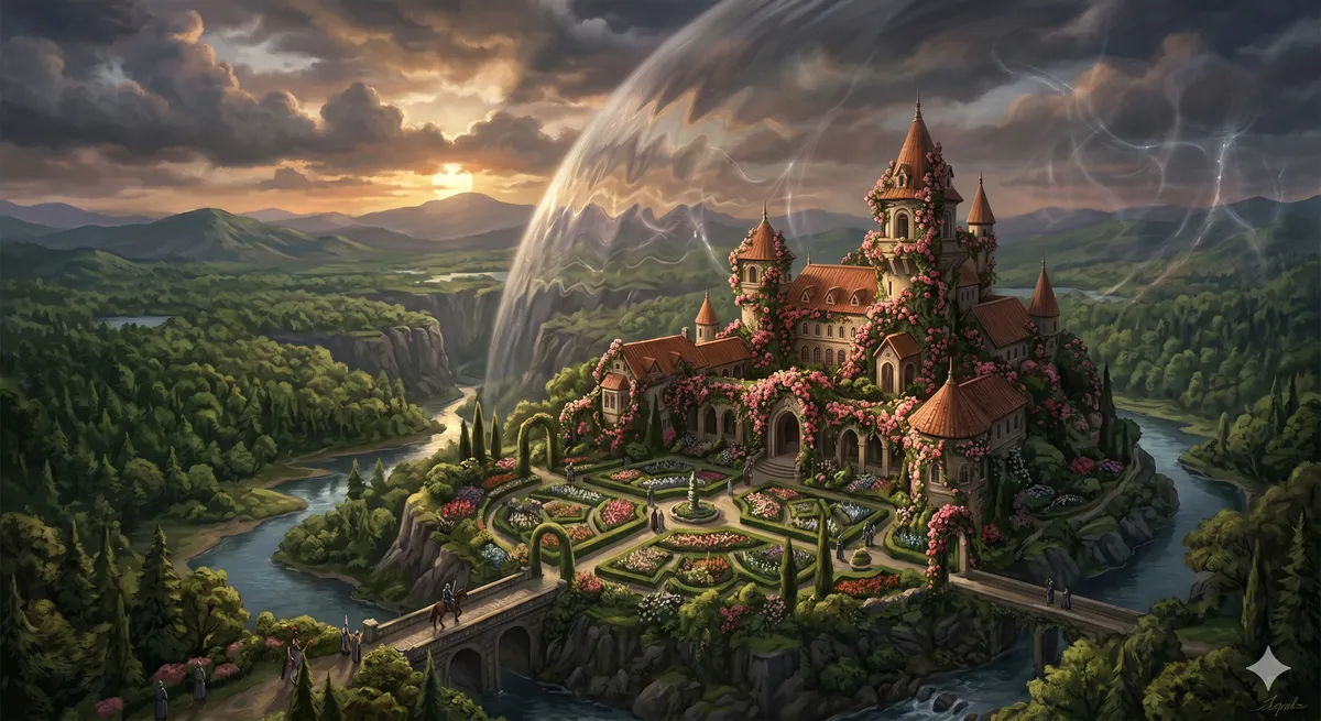 A sprawling, rose-covered manor surrounded by endless green forests and blooming gardens, shadowed by an oppressive, invisible wall.